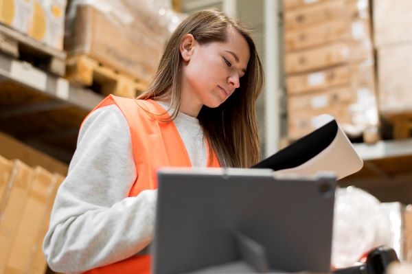 Una persona en almacén verificando costos de logística