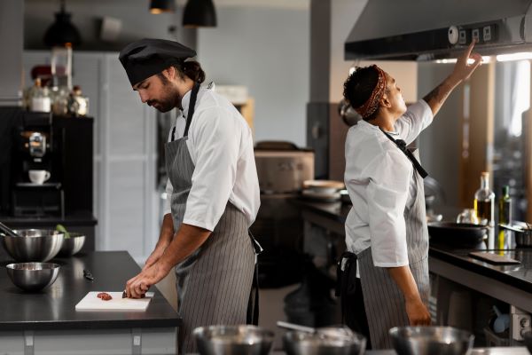 Dos cocineros trabajando teniendo en cuenta los riesgos laborales